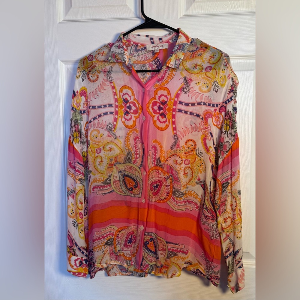 Rene Dehry Sheer Long Sleeve Button-Up Blouse